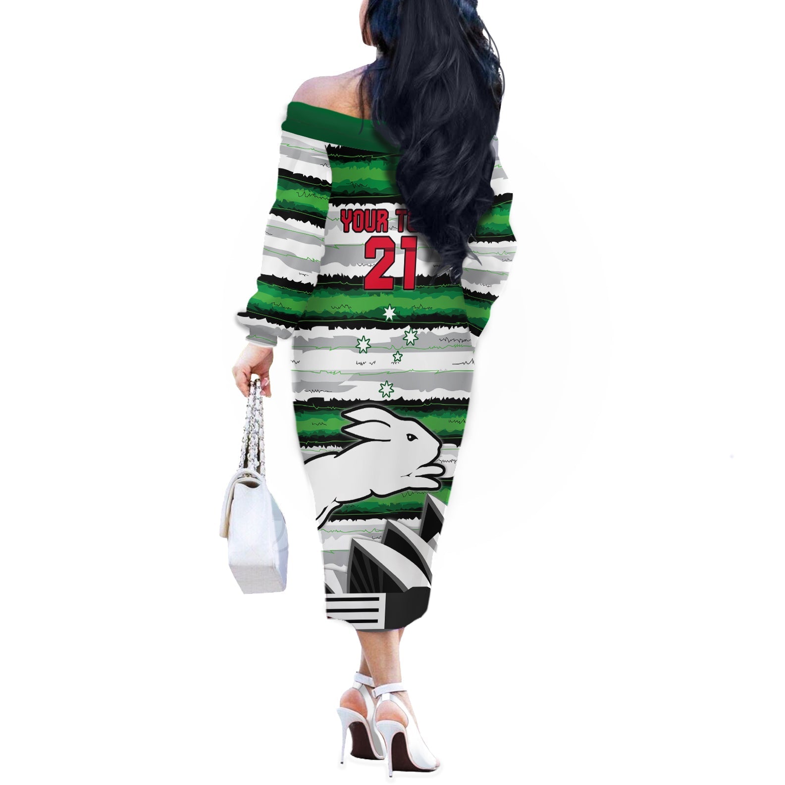 NRL Rabittohs Australia Day Custom Off The Shoulder Long Sleeve Dress Sydney Opera House Glory Glory