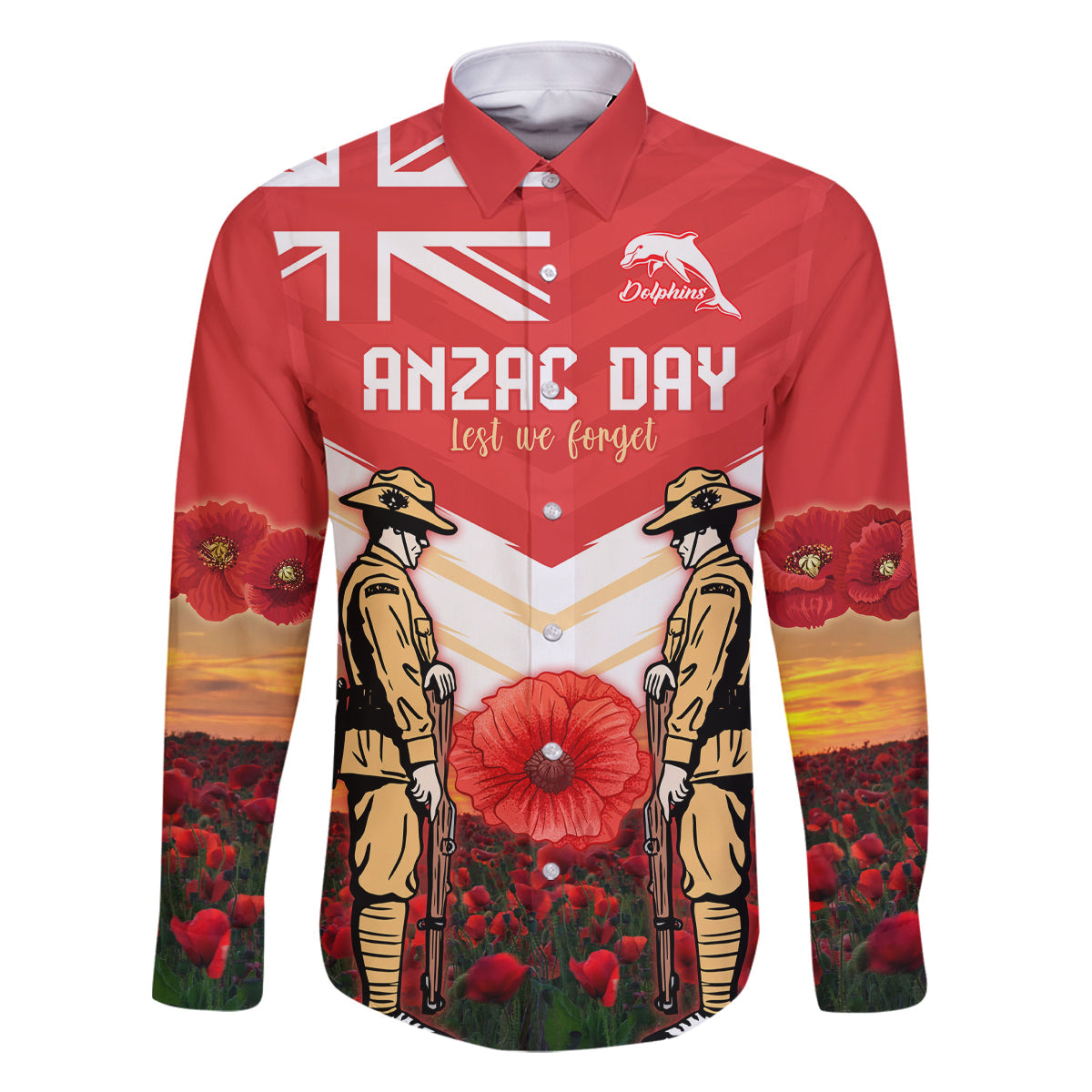 Custom Dolphins Rugby ANZAC Day Family Matching Long Sleeve Bodycon Dress and Hawaiian Shirt Soldiers Poppy Field 2024