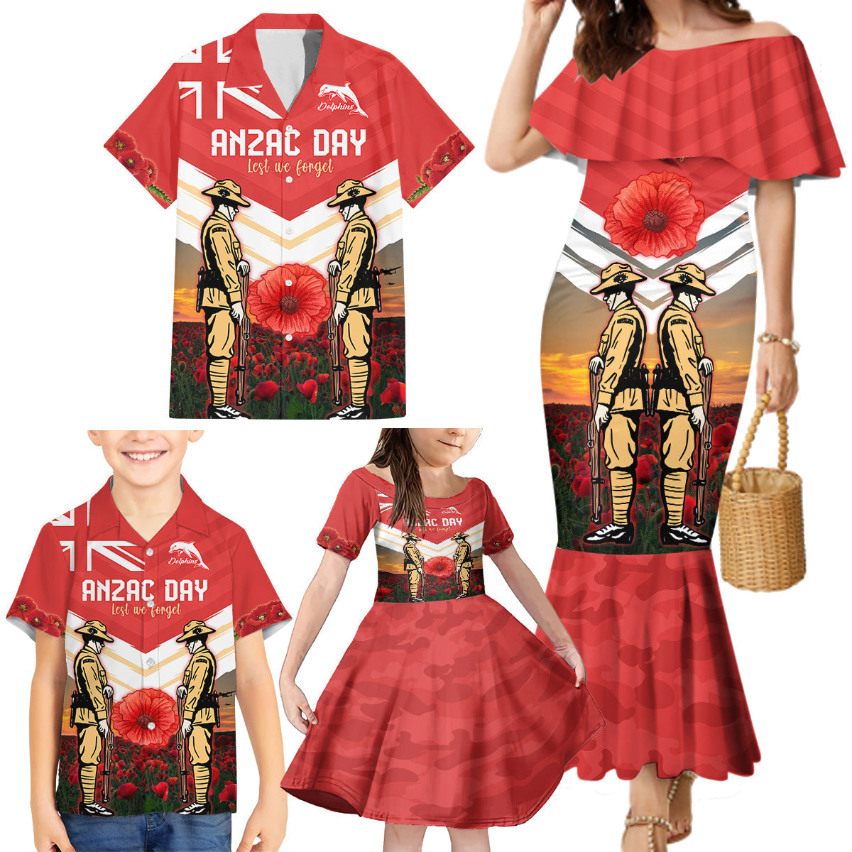 Custom Dolphins Rugby ANZAC Day Family Matching Mermaid Dress and Hawaiian Shirt Soldiers Poppy Field 2024