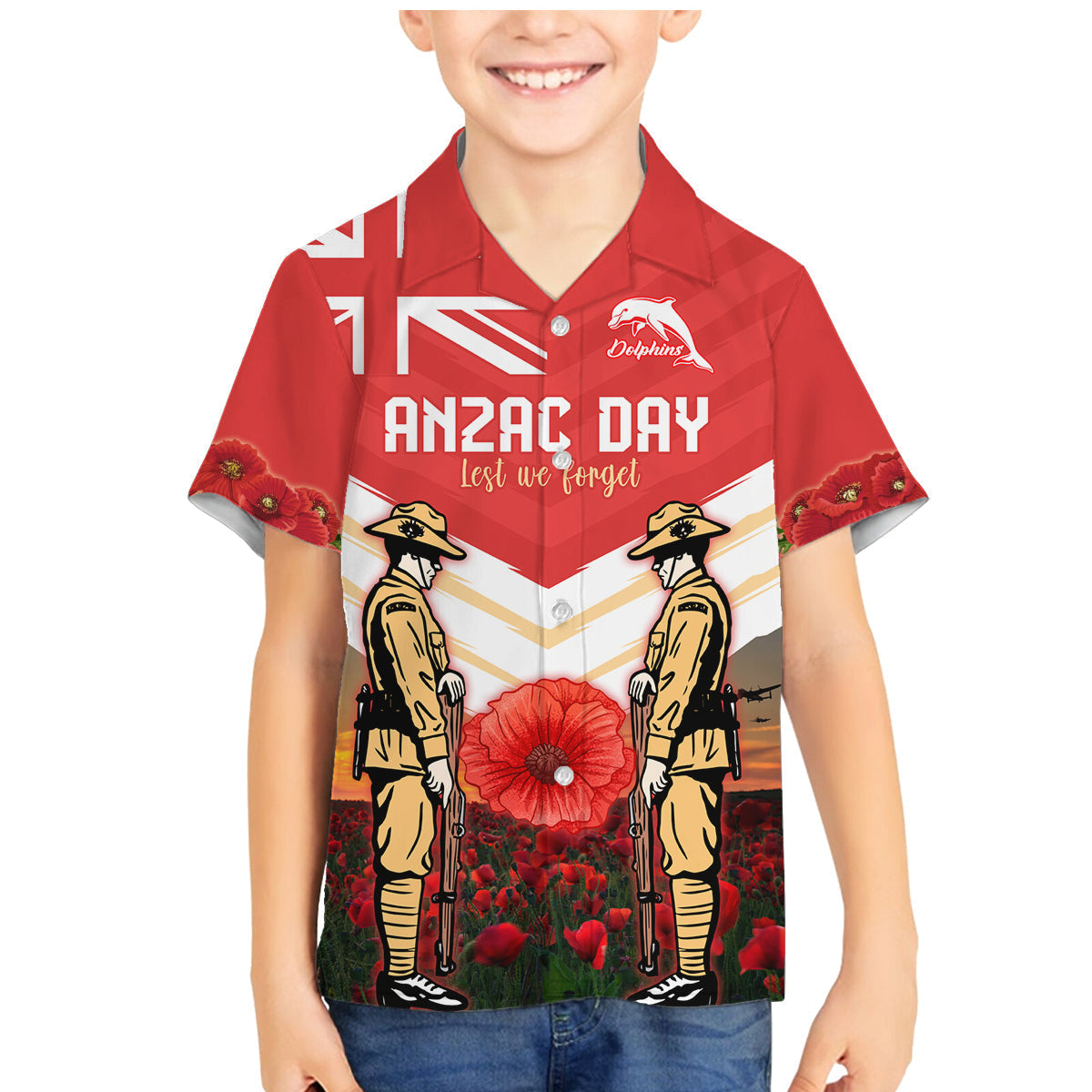 Custom Dolphins Rugby ANZAC Day Family Matching Mermaid Dress and Hawaiian Shirt Soldiers Poppy Field 2024