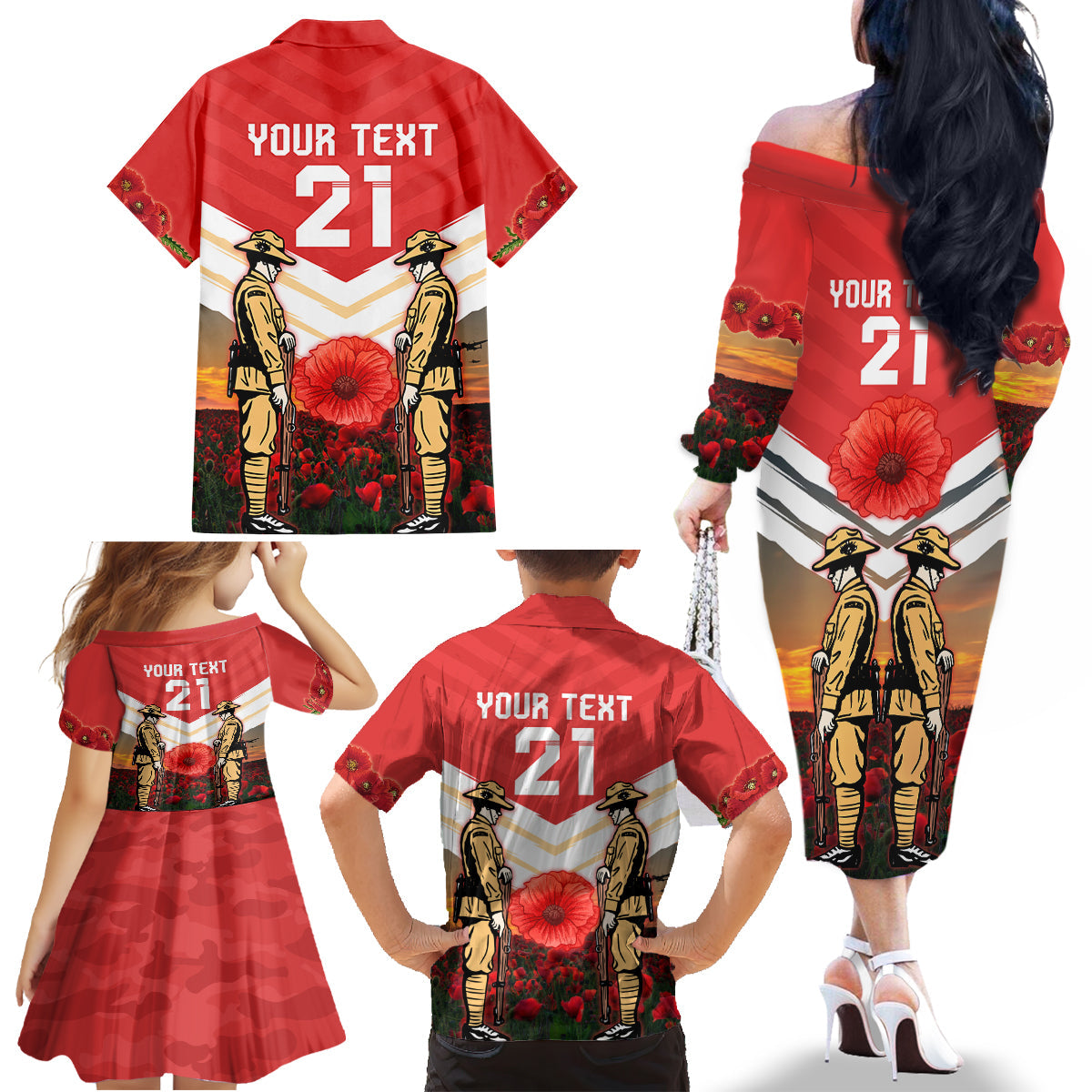 Custom Dolphins Rugby ANZAC Day Family Matching Off Shoulder Long Sleeve Dress and Hawaiian Shirt Soldiers Poppy Field 2024