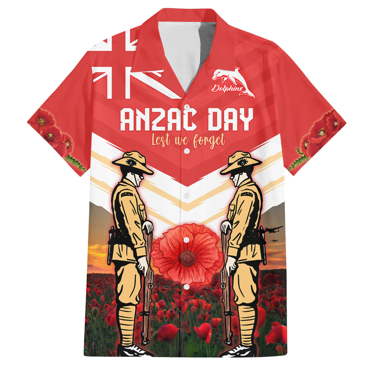 Custom Dolphins Rugby ANZAC Day Family Matching Off Shoulder Long Sleeve Dress and Hawaiian Shirt Soldiers Poppy Field 2024