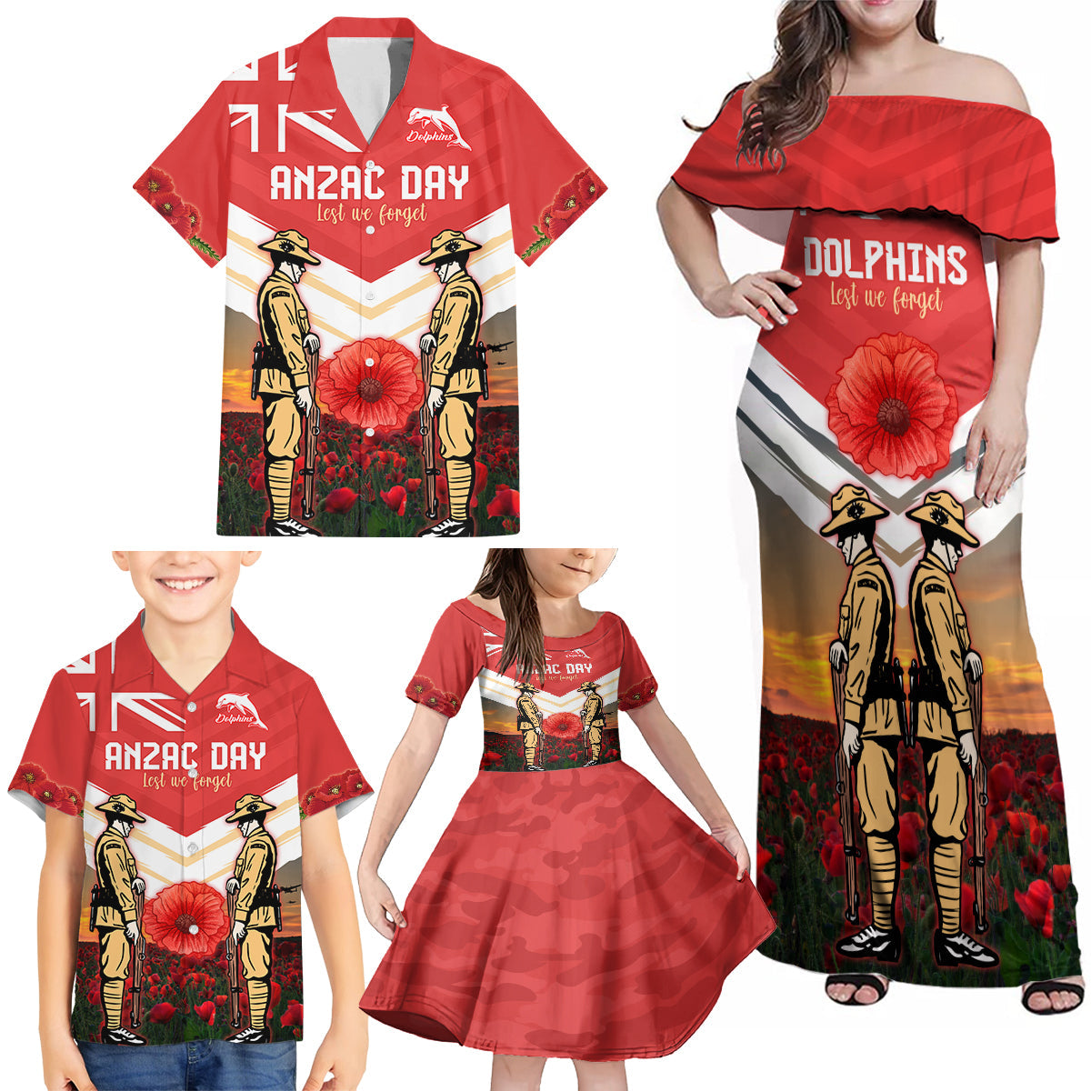 Custom Dolphins Rugby ANZAC Day Family Matching Off Shoulder Maxi Dress and Hawaiian Shirt Soldiers Poppy Field 2024