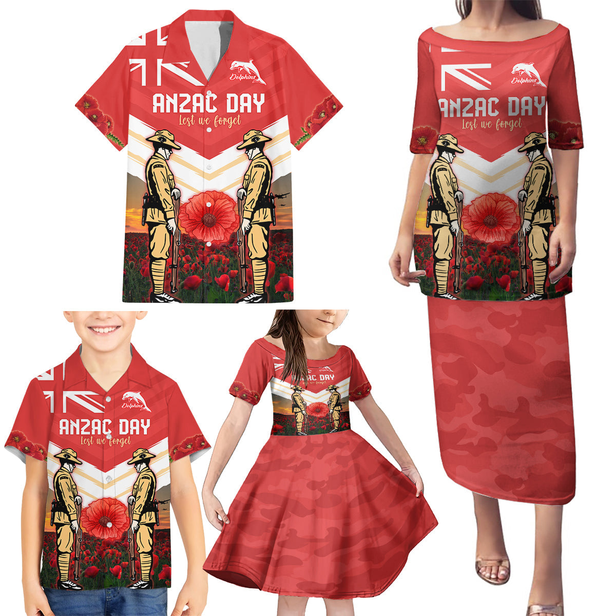 Custom Dolphins Rugby ANZAC Day Family Matching Puletasi and Hawaiian Shirt Soldiers Poppy Field 2024