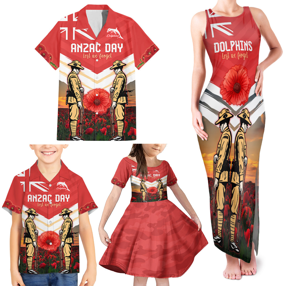 Custom Dolphins Rugby ANZAC Day Family Matching Tank Maxi Dress and Hawaiian Shirt Soldiers Poppy Field 2024