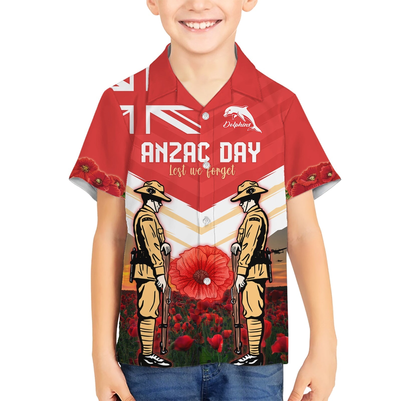 Custom Dolphins Rugby ANZAC Day Kid Hawaiian Shirt Soldiers Poppy Field 2024