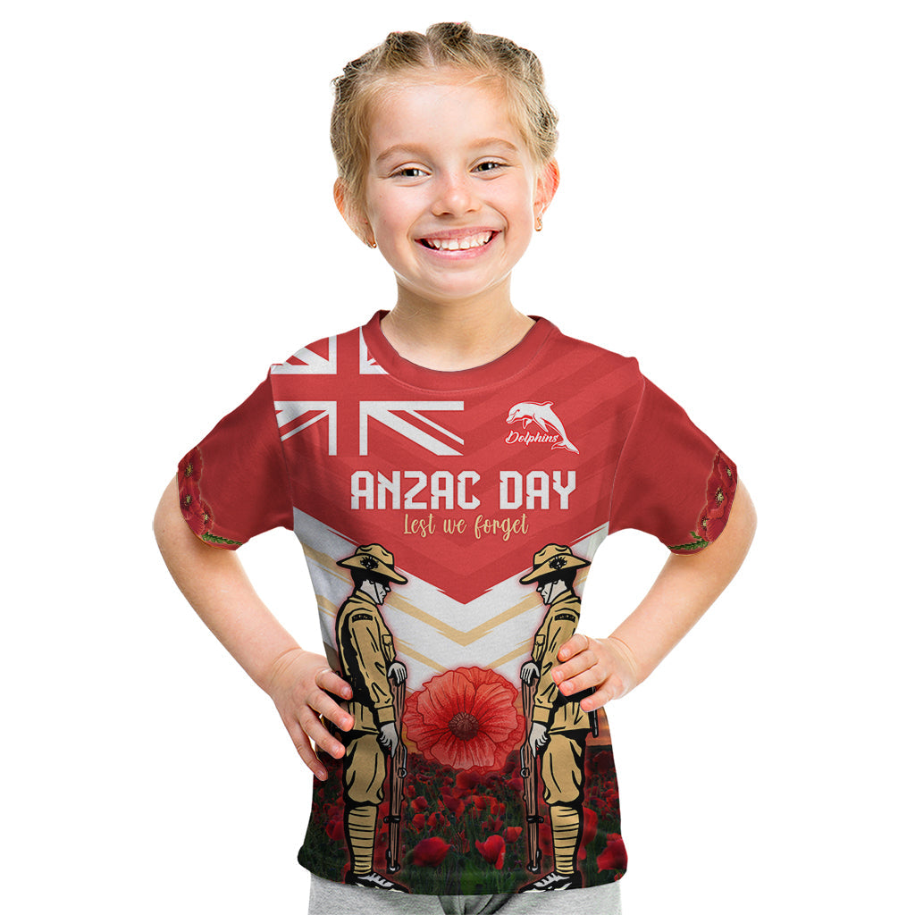 Custom Dolphins Rugby ANZAC Day Kid T Shirt Soldiers Poppy Field 2024