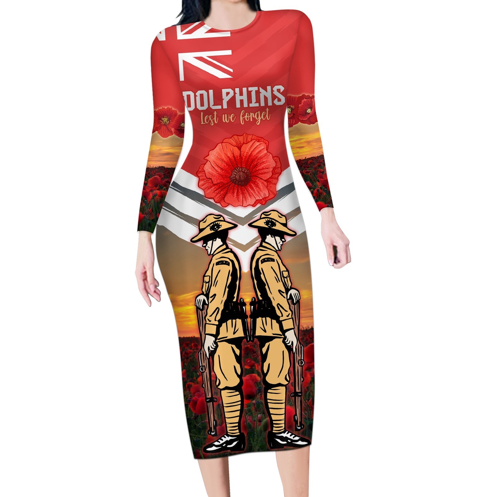 Custom Dolphins Rugby ANZAC Day Long Sleeve Bodycon Dress Soldiers Poppy Field 2024