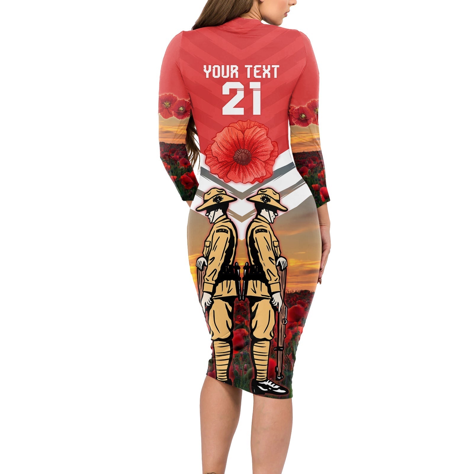 Custom Dolphins Rugby ANZAC Day Long Sleeve Bodycon Dress Soldiers Poppy Field 2024