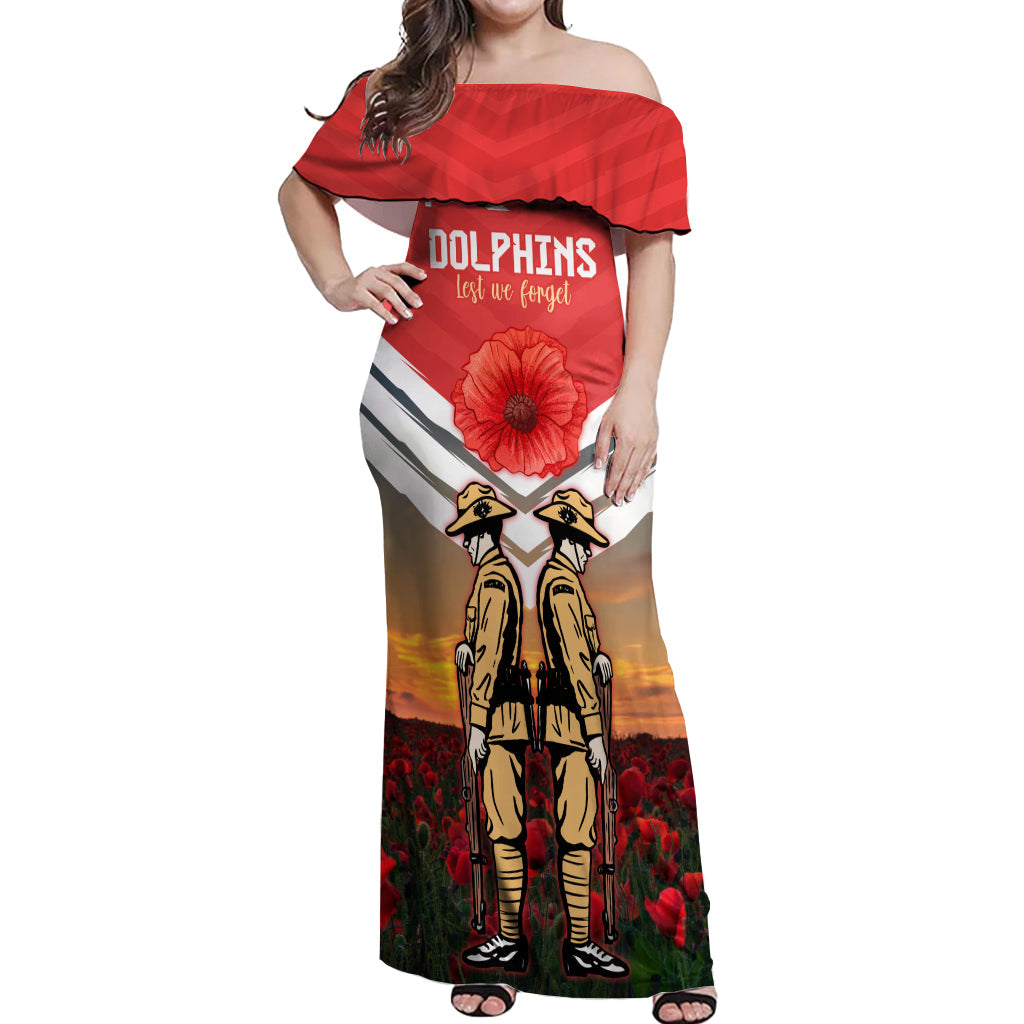 Custom Dolphins Rugby ANZAC Day Off Shoulder Maxi Dress Soldiers Poppy Field 2024