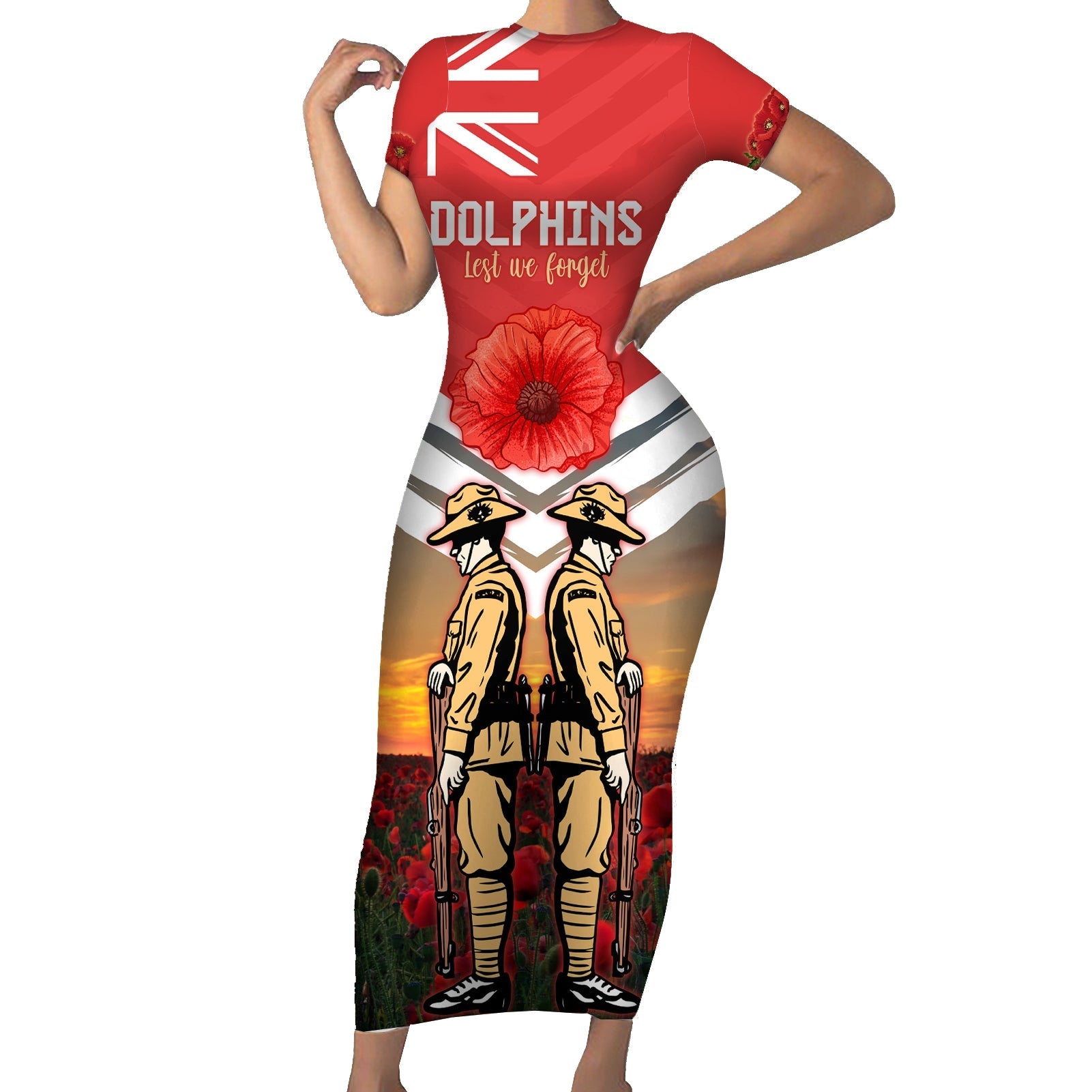 Custom Dolphins Rugby ANZAC Day Short Sleeve Bodycon Dress Soldiers Poppy Field 2024