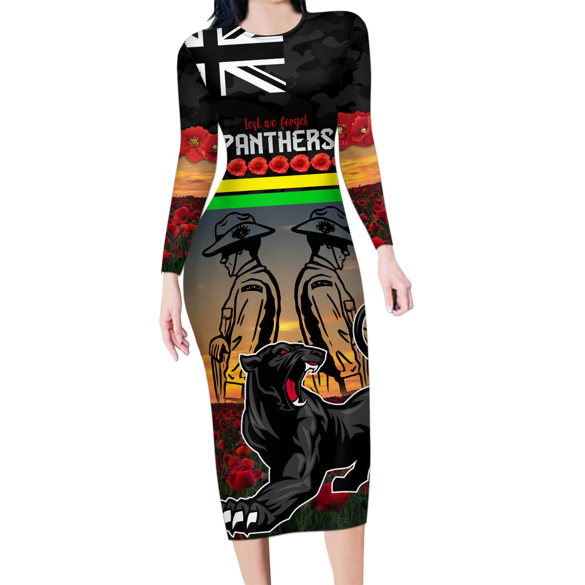 Custom Panthers Rugby ANZAC Day Family Matching Long Sleeve Bodycon Dress and Hawaiian Shirt Soldiers Poppy Field 2024