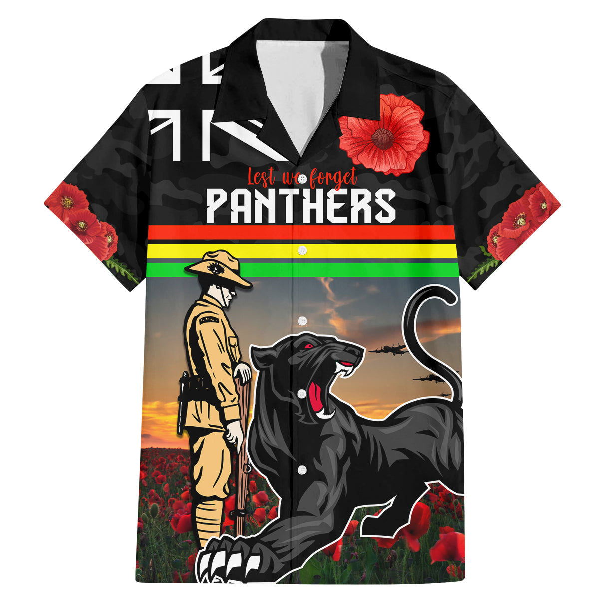 Custom Panthers Rugby ANZAC Day Family Matching Mermaid Dress and Hawaiian Shirt Soldiers Poppy Field 2024