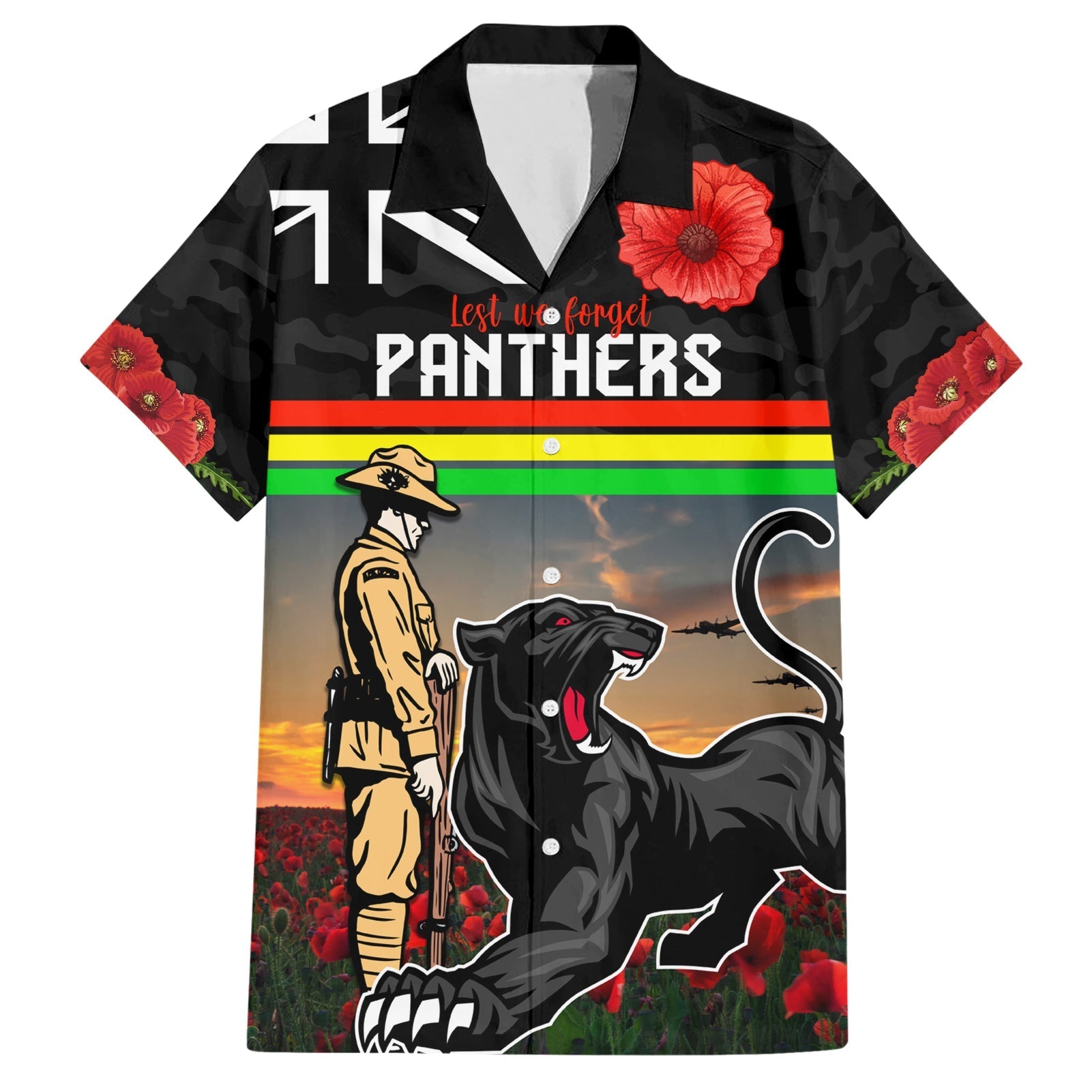 Custom Panthers Rugby ANZAC Day Hawaiian Shirt Soldiers Poppy Field 2024 - Vibe Hoodie Shop