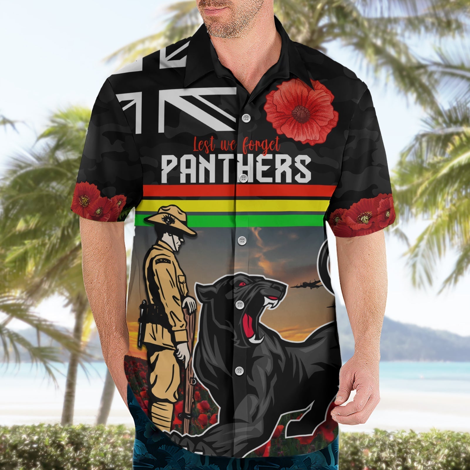 Custom Panthers Rugby ANZAC Day Hawaiian Shirt Soldiers Poppy Field 2024 - Vibe Hoodie Shop