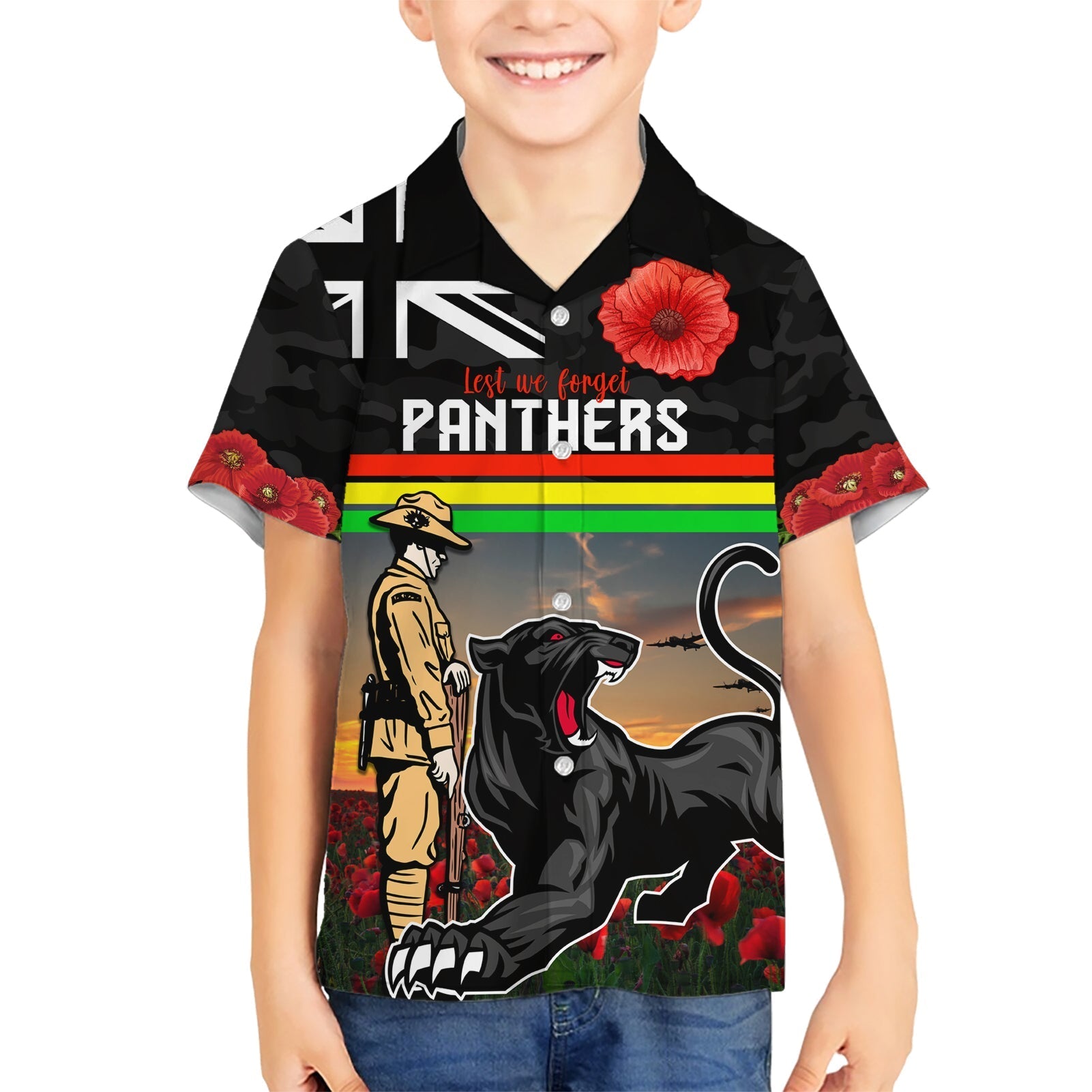 Custom Panthers Rugby ANZAC Day Hawaiian Shirt Soldiers Poppy Field 2024 - Vibe Hoodie Shop