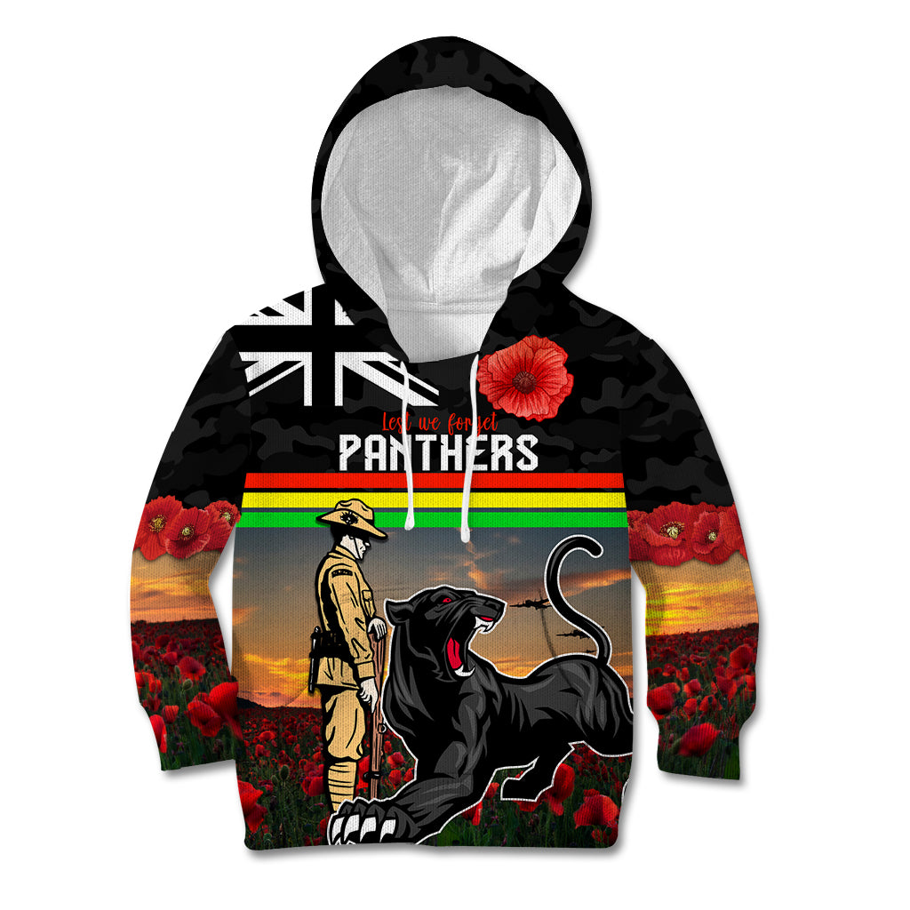 Custom Panthers Rugby ANZAC Day Kid Hoodie Soldiers Poppy Field 2024 - Vibe Hoodie Shop
