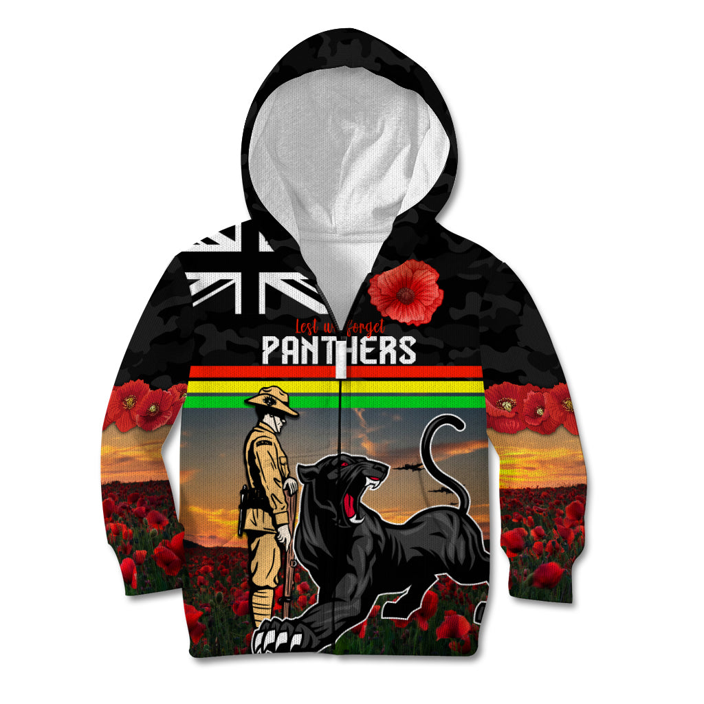 Custom Panthers Rugby ANZAC Day Kid Hoodie Soldiers Poppy Field 2024 - Vibe Hoodie Shop