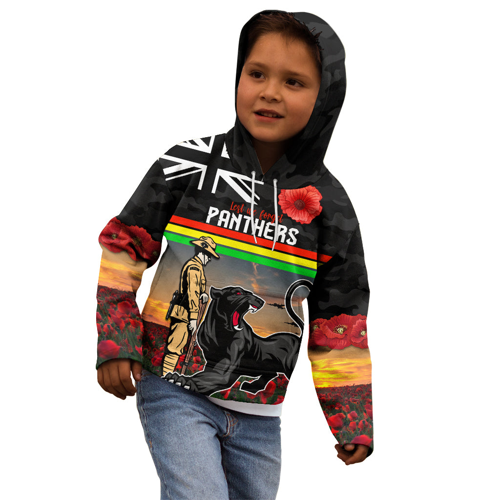 Custom Panthers Rugby ANZAC Day Kid Hoodie Soldiers Poppy Field 2024 - Vibe Hoodie Shop