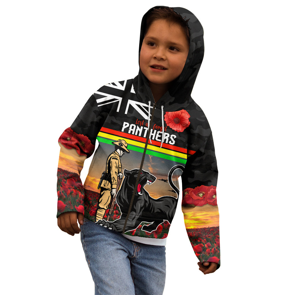 Custom Panthers Rugby ANZAC Day Kid Hoodie Soldiers Poppy Field 2024 - Vibe Hoodie Shop