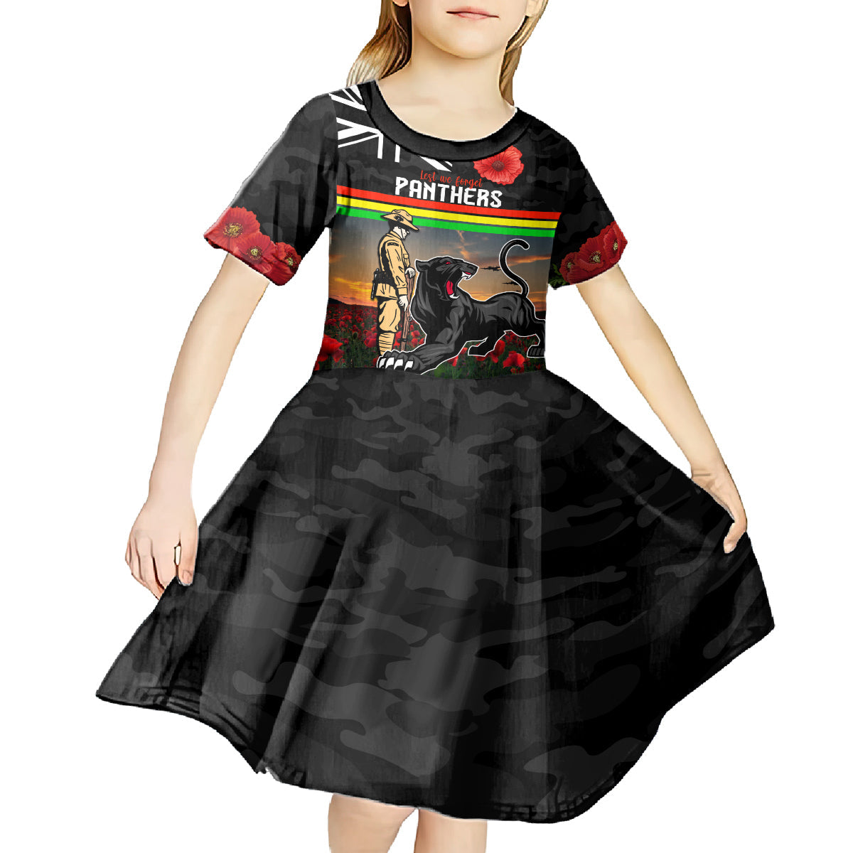 Custom Panthers Rugby ANZAC Day Kid Short Sleeve Dress Soldiers Poppy Field 2024 - Vibe Hoodie Shop