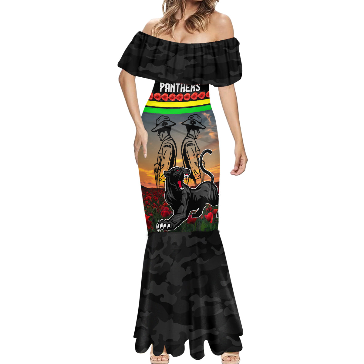Custom Panthers Rugby ANZAC Day Mermaid Dress Soldiers Poppy Field 2024