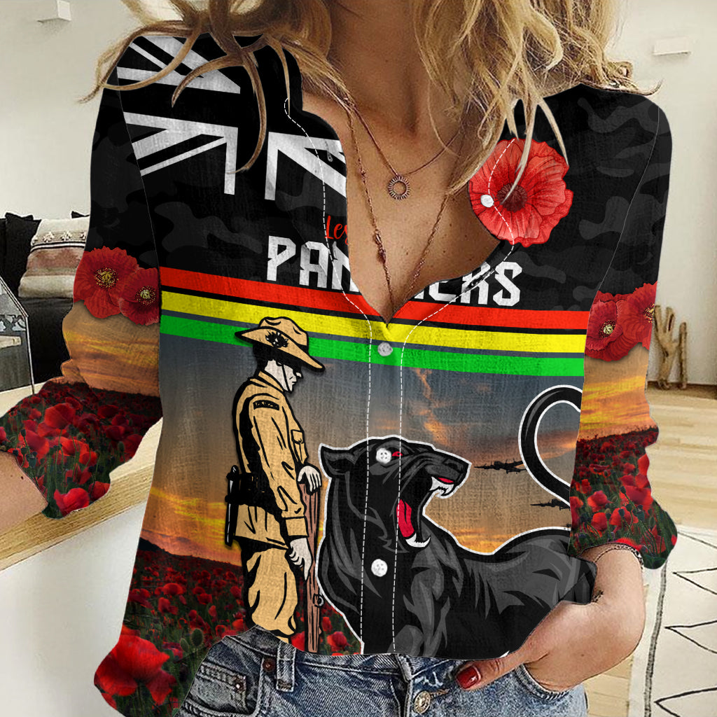 Custom Panthers Rugby ANZAC Day Women Casual Shirt Soldiers Poppy Field 2024 - Vibe Hoodie Shop