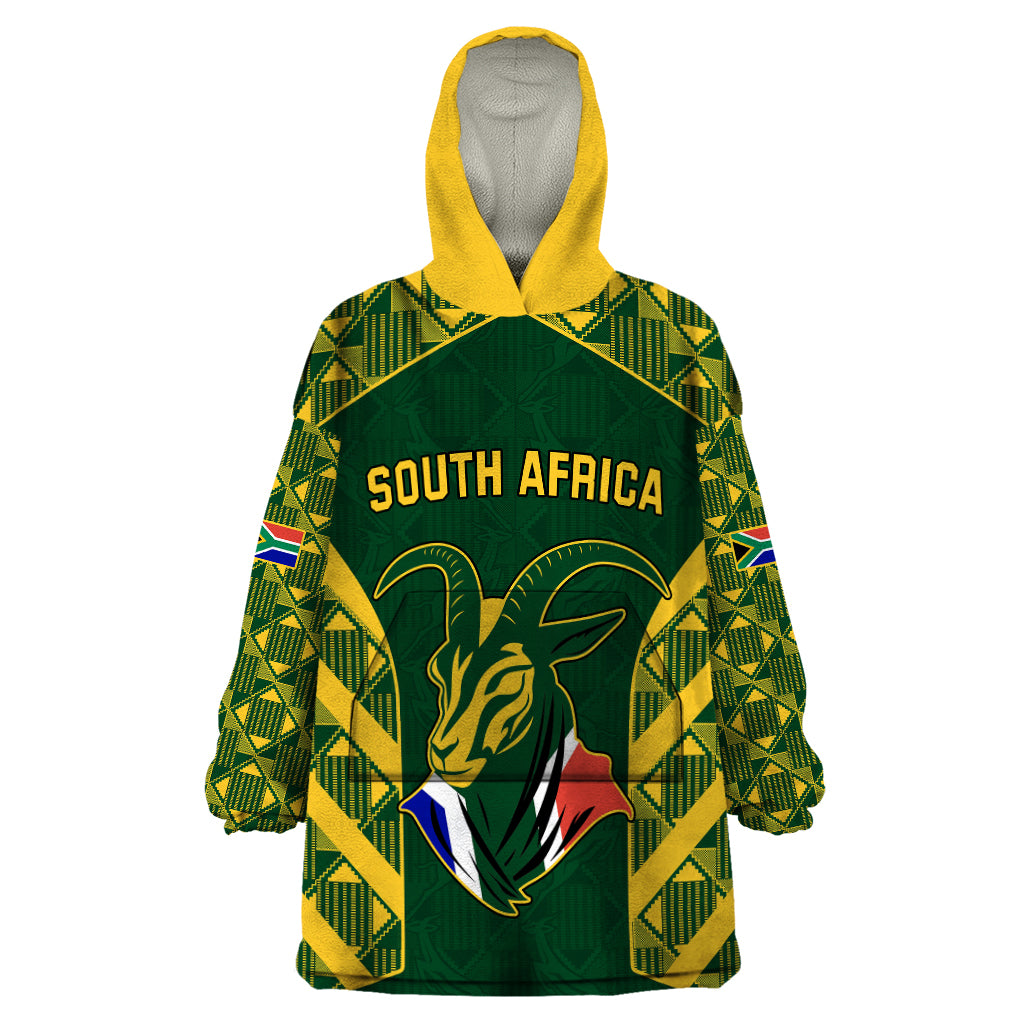 South Africa Rugby Wearable Blanket Hoodie Bokke Champions Kente Pattern - Vibe Hoodie Shop