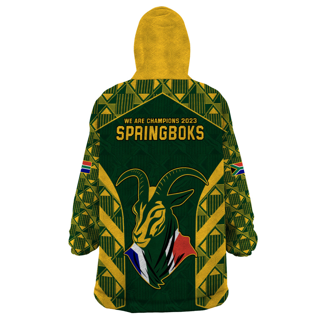 South Africa Rugby Wearable Blanket Hoodie Bokke Champions Kente Pattern - Vibe Hoodie Shop