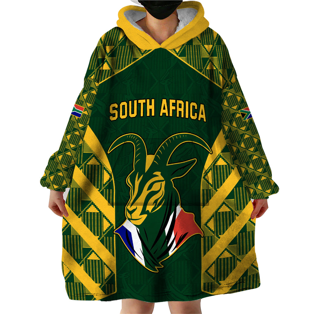 South Africa Rugby Wearable Blanket Hoodie Bokke Champions Kente Pattern - Vibe Hoodie Shop