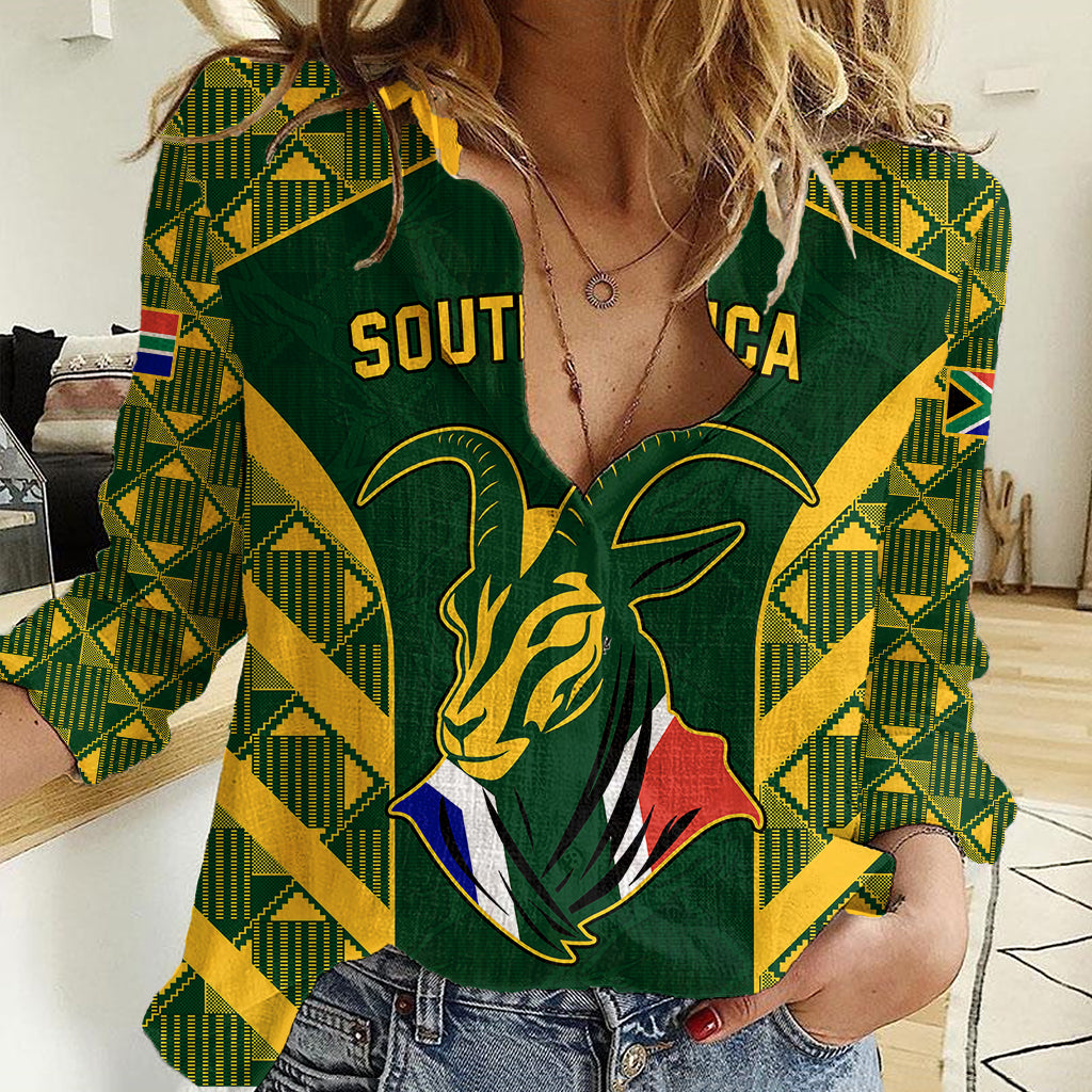 Custom South Africa Rugby Women Casual Shirt Bokke Champions Kente Pattern - Vibe Hoodie Shop