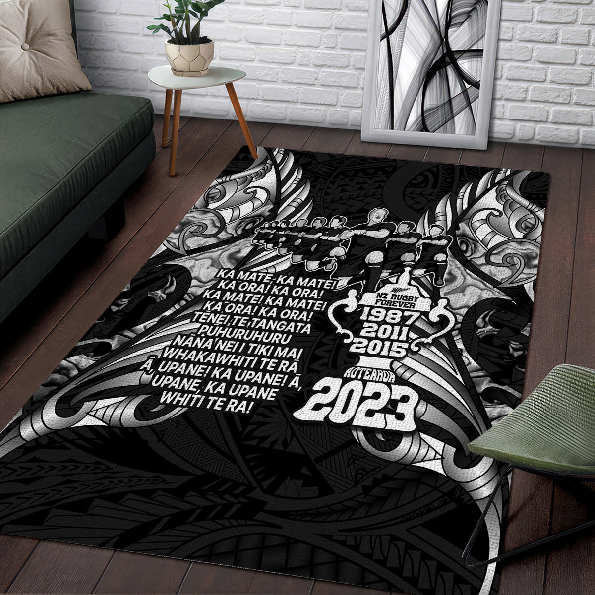 New Zealand Rugby Area Rug Black Haka Dance With NZ Champions History - Vibe Hoodie Shop