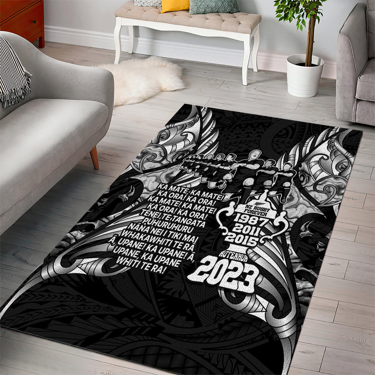 New Zealand Rugby Area Rug Black Haka Dance With NZ Champions History - Vibe Hoodie Shop