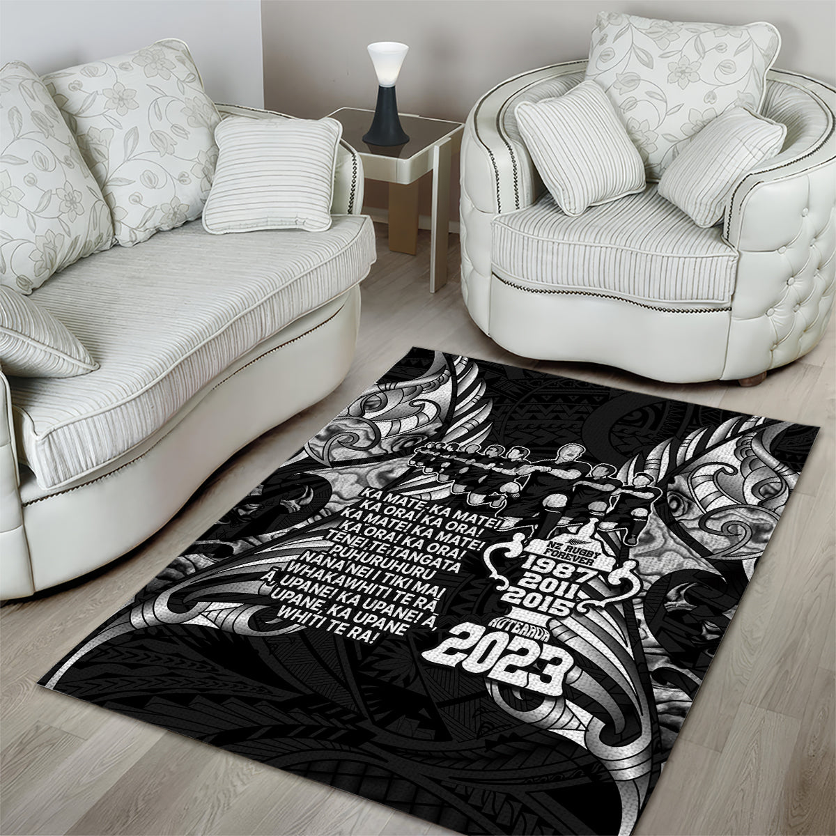 New Zealand Rugby Area Rug Black Haka Dance With NZ Champions History - Vibe Hoodie Shop