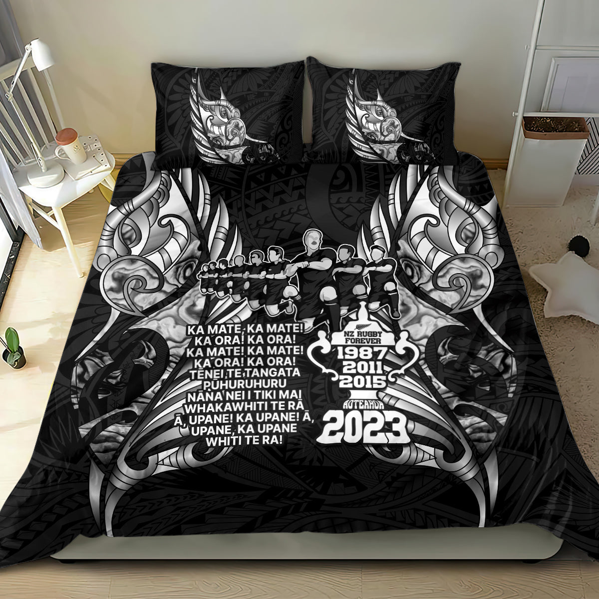 New Zealand Rugby Bedding Set Black Haka Dance With NZ Champions History - Vibe Hoodie Shop
