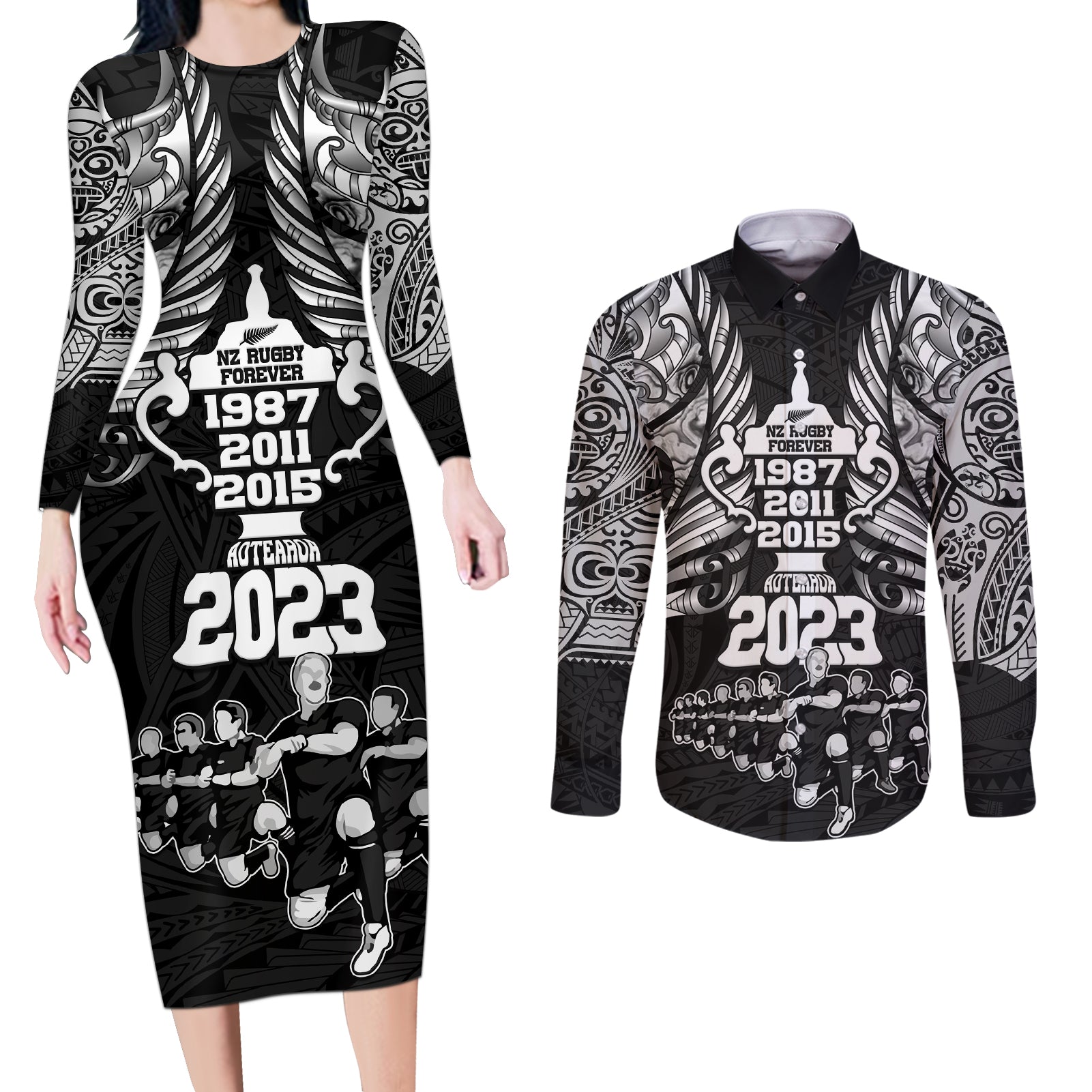 new-zealand-rugby-couples-matching-long-sleeve-bodycon-dress-and-long-sleeve-button-shirt-black-haka-dance-with-nz-champions-history