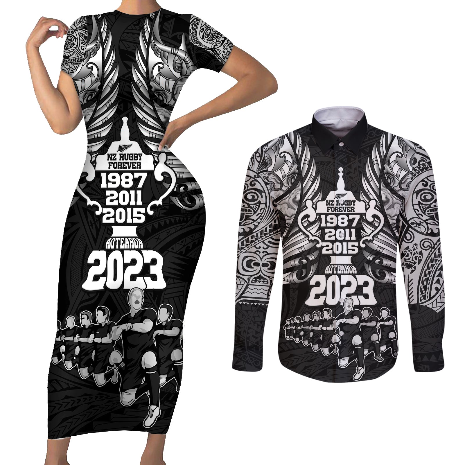 new-zealand-rugby-couples-matching-short-sleeve-bodycon-dress-and-long-sleeve-button-shirt-black-haka-dance-with-nz-champions-history