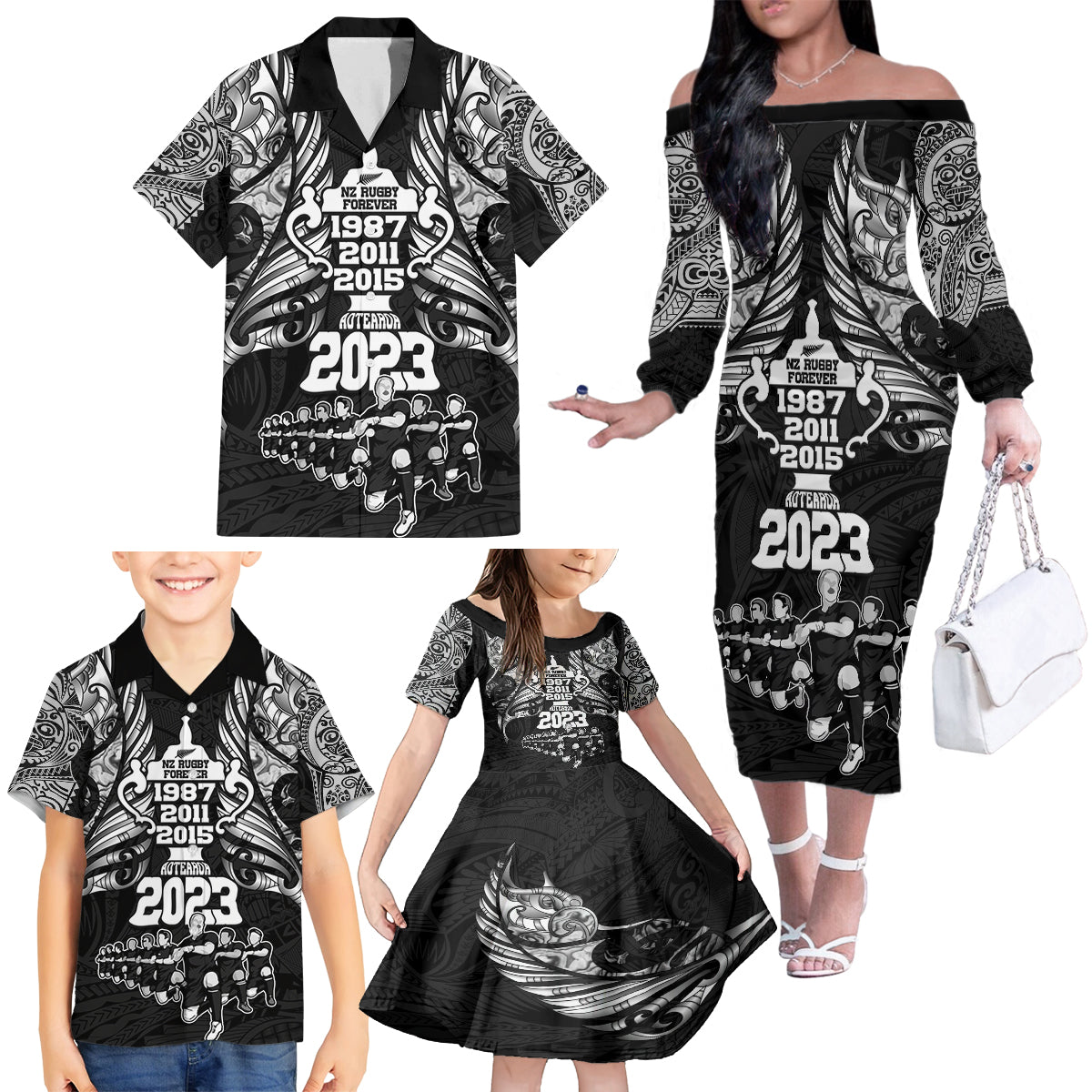 new-zealand-rugby-family-matching-off-shoulder-long-sleeve-dress-and-hawaiian-shirt-black-haka-dance-with-nz-champions-history
