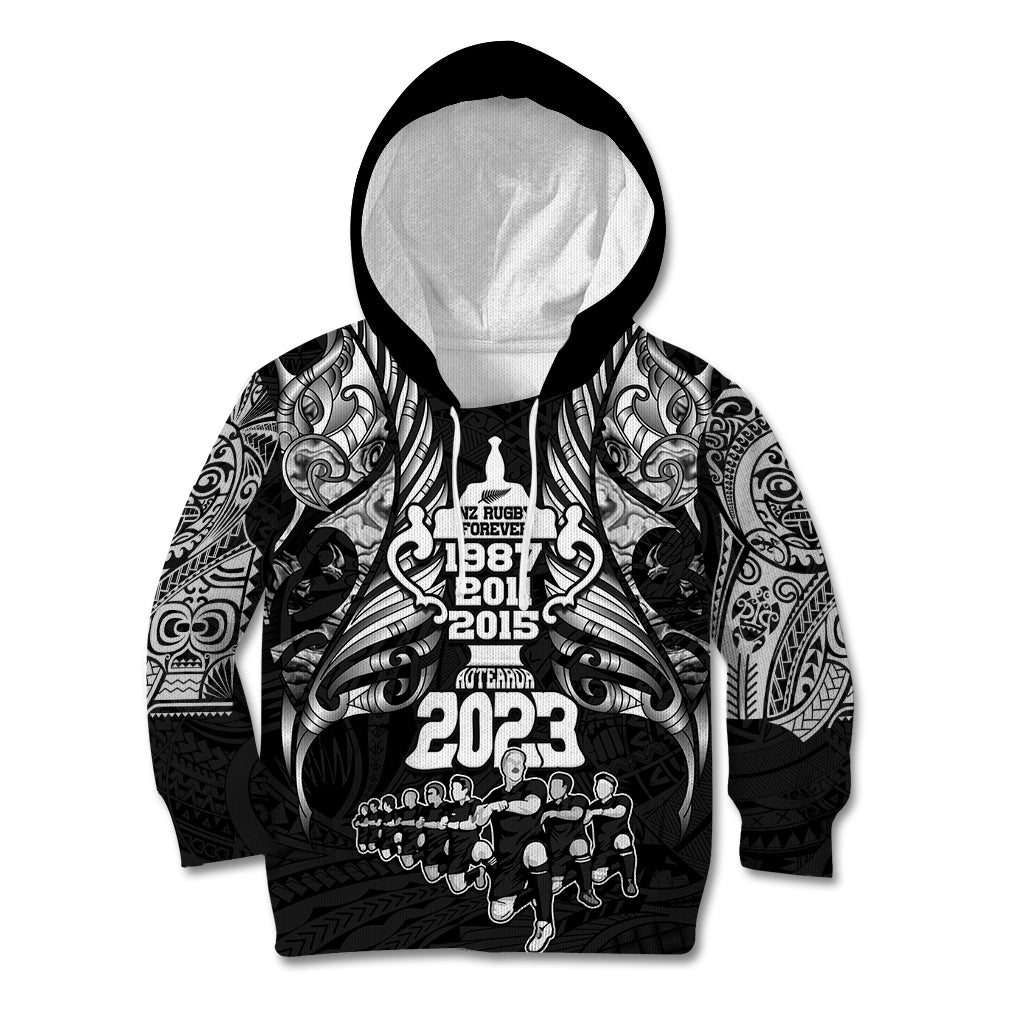 New Zealand Rugby Kid Hoodie Black Haka Dance With NZ Champions History - Vibe Hoodie Shop