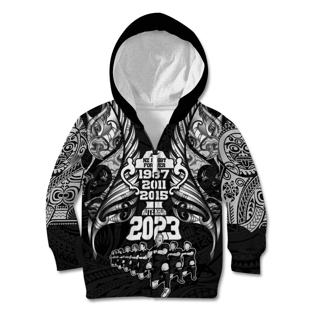 New Zealand Rugby Kid Hoodie Black Haka Dance With NZ Champions History - Vibe Hoodie Shop