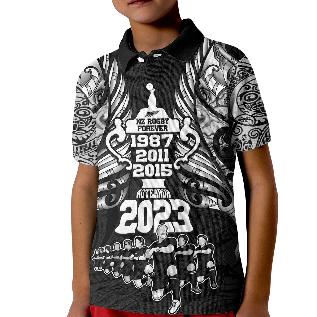 New Zealand Rugby Kid Polo Shirt Black Haka Dance With NZ Champions History - Vibe Hoodie Shop
