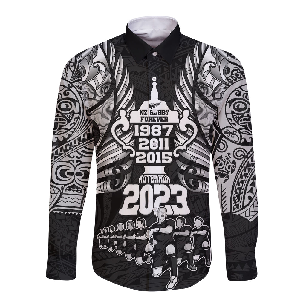 New Zealand Rugby Long Sleeve Button Shirt Black Haka Dance With NZ Champions History - Vibe Hoodie Shop