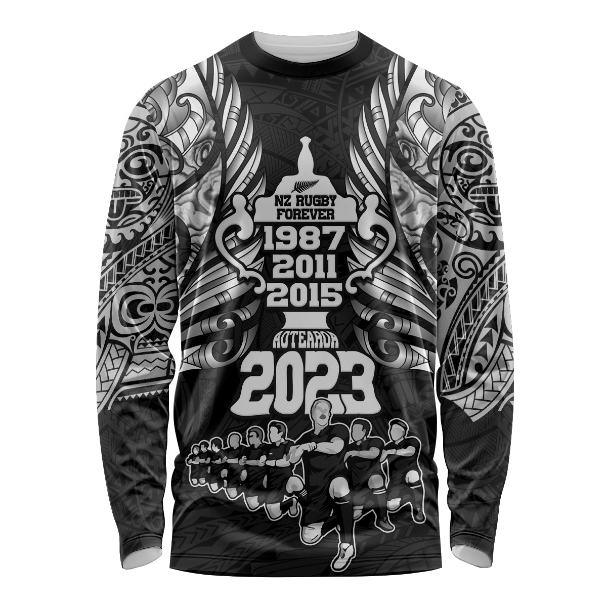 New Zealand Rugby Long Sleeve Shirt Black Haka Dance With NZ Champions History - Vibe Hoodie Shop
