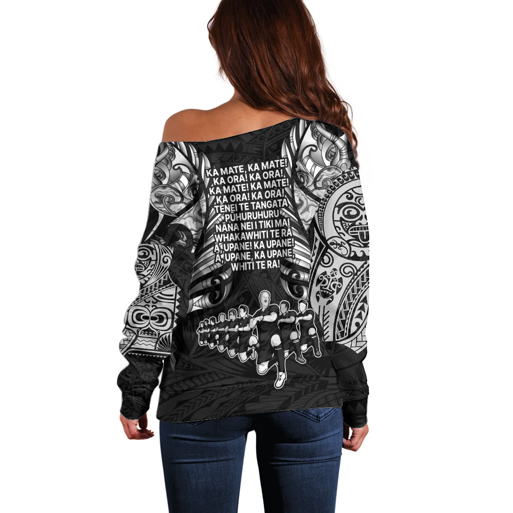 New Zealand Rugby Off Shoulder Sweater Black Haka Dance With NZ Champions History - Vibe Hoodie Shop