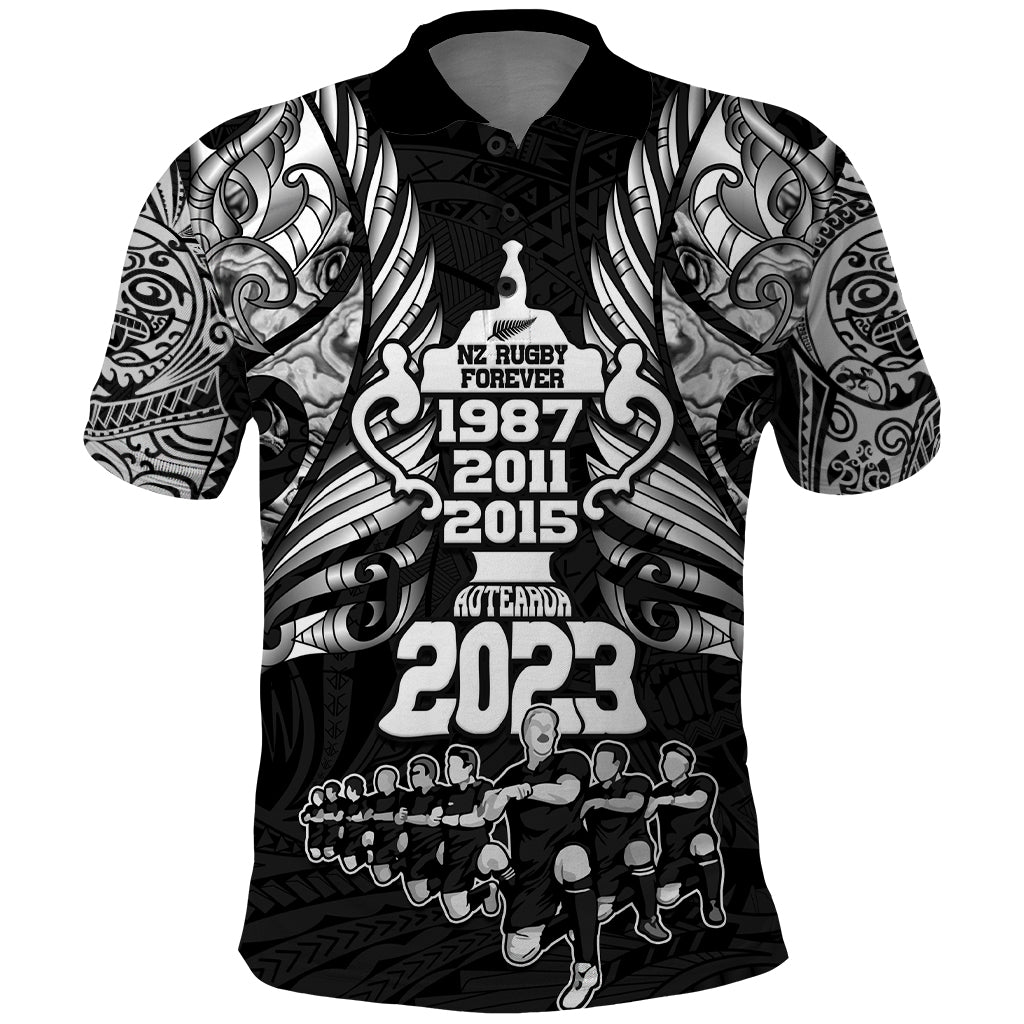 New Zealand Rugby Polo Shirt Black Haka Dance With NZ Champions History LT9 - Vibe Hoodie Shop