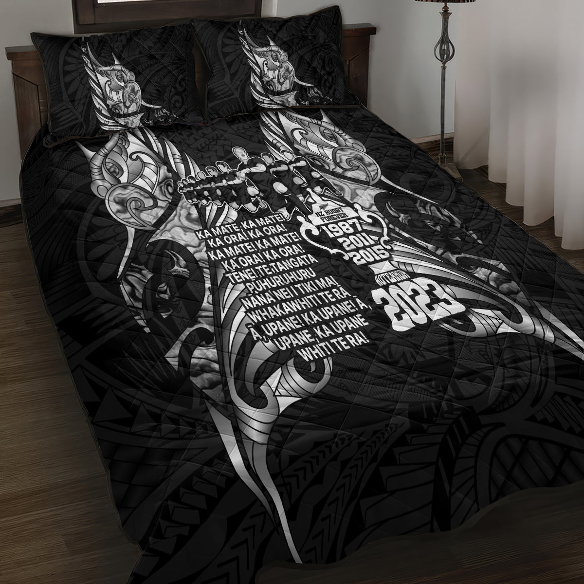 New Zealand Rugby Quilt Bed Set Black Haka Dance With NZ Champions History - Vibe Hoodie Shop