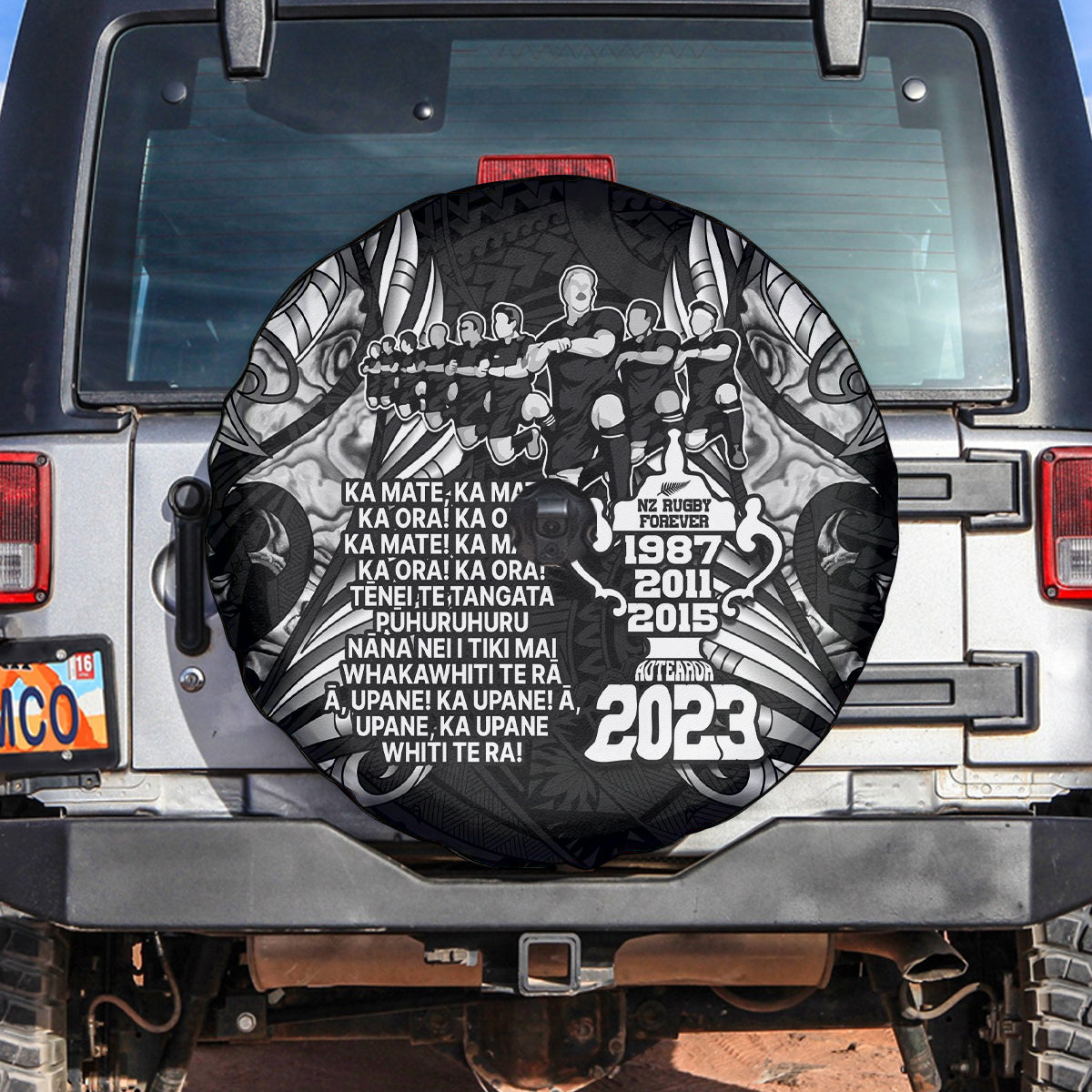 New Zealand Rugby Spare Tire Cover Black Haka Dance With NZ Champions History - Vibe Hoodie Shop