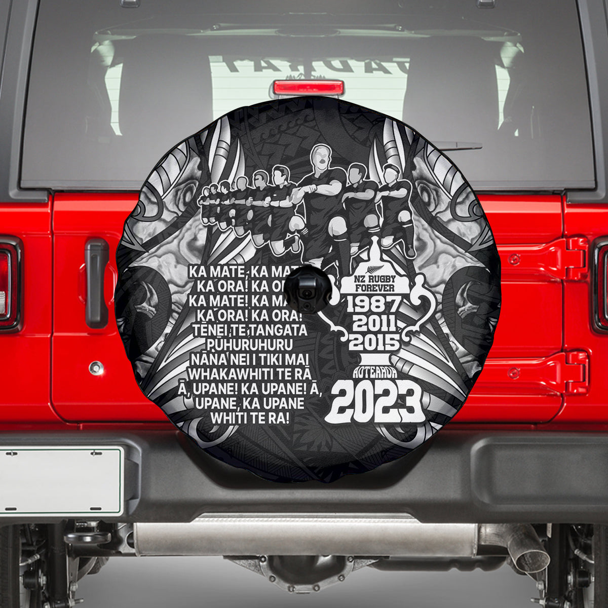 New Zealand Rugby Spare Tire Cover Black Haka Dance With NZ Champions History - Vibe Hoodie Shop