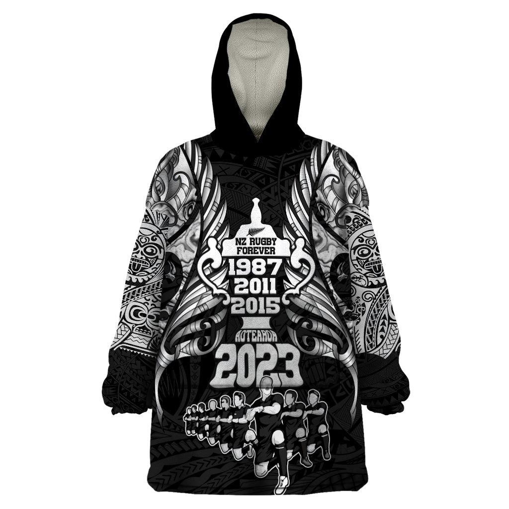 New Zealand Rugby Wearable Blanket Hoodie Black Haka Dance With NZ Champions History - Vibe Hoodie Shop