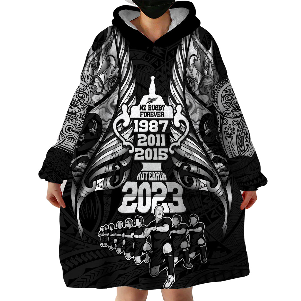 New Zealand Rugby Wearable Blanket Hoodie Black Haka Dance With NZ Champions History - Vibe Hoodie Shop